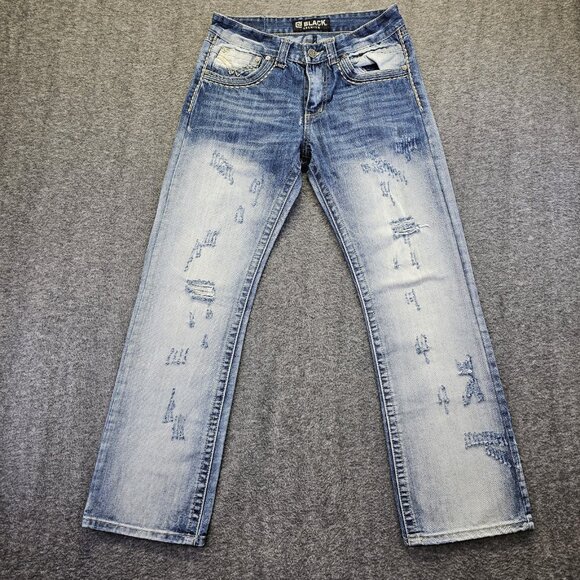 Black Premium Jeans Distressed Boot Indian Chief & Liberty Patches Mens 30x32 - Picture 2 of 15